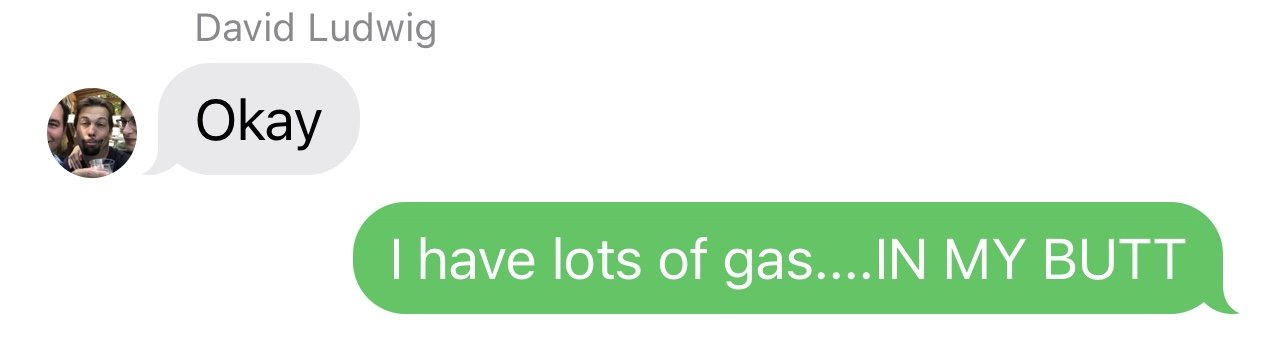 Screenshot of a text message exchange I had with my brother David that reads, David: “Okay” Me: “Projected Period?” Me: “I have lots of gas…IN MY BUTT.” See paragraph below photo for further explanation.